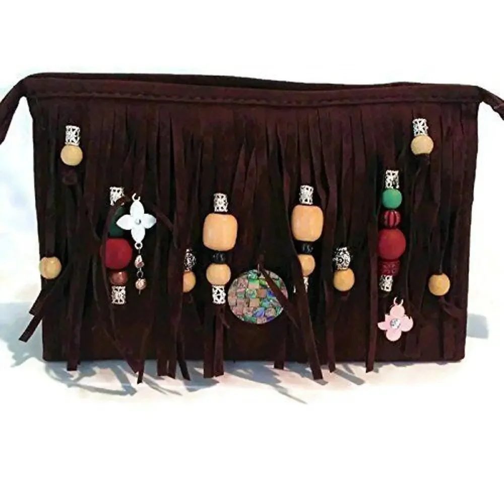 CROSSBODY BROWN Fringed Purse BOHEMIAN Luxury Gold Chain Charms Flower Gypsy NEW